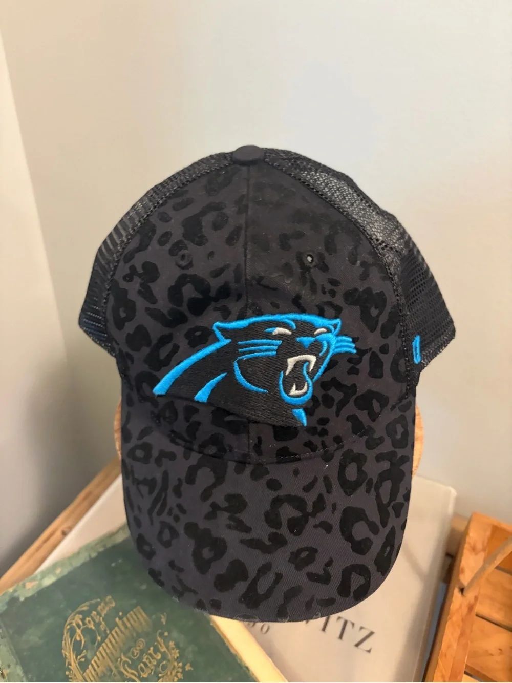 Carolina Panthers Black Leopard Mesh 47 Trucker Hat - Blue Logo